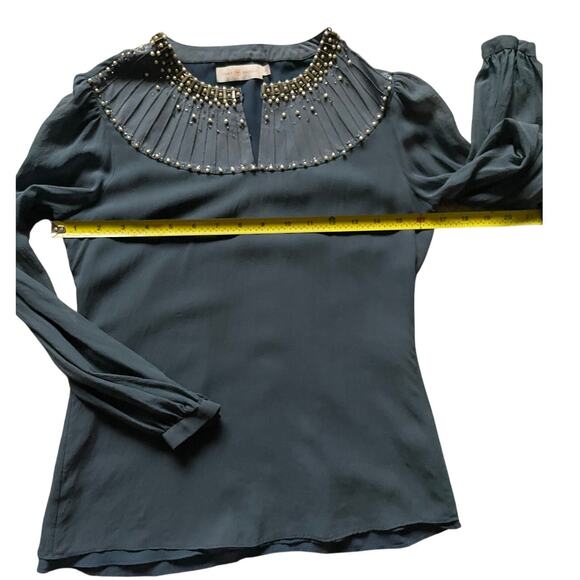 Tory Burch Womens/Teen Silk Sheer Blouse Beaded/Pearl Collar Slate color Size 0 - Picture 7 of 9